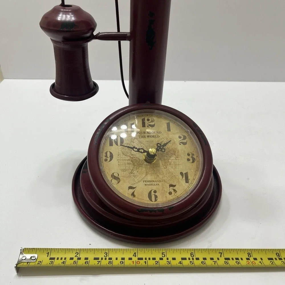 Vintage-Style Clock Red Antiqued Candlestick Phone Shaped Metal Distressed 13